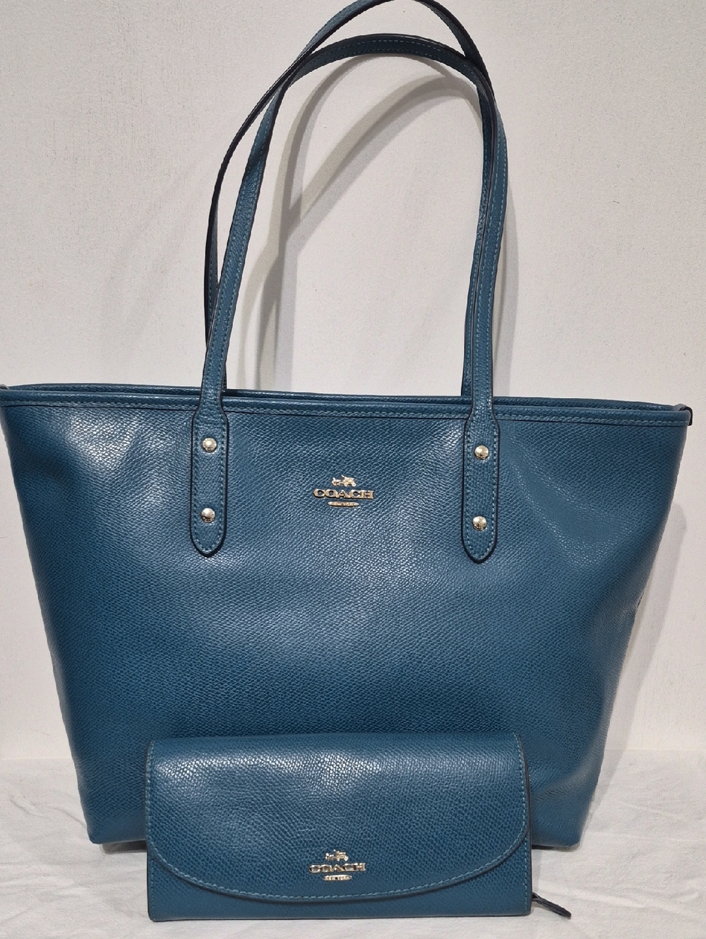 Coach Teal Leather Tote with Matching Wallet